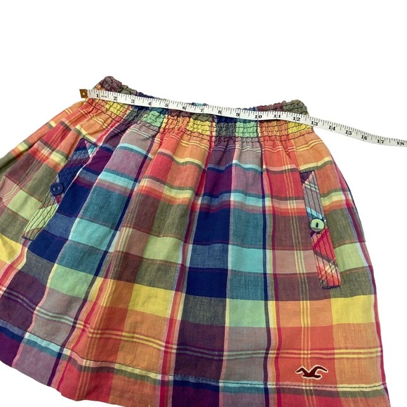 Hollister Plaid Multi Color Lined Skirt Pull on 2 Front Pockets Size Small Linen - Picture 10 of 13
